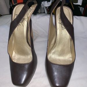 Brown leather sling back, wooden heel shoes